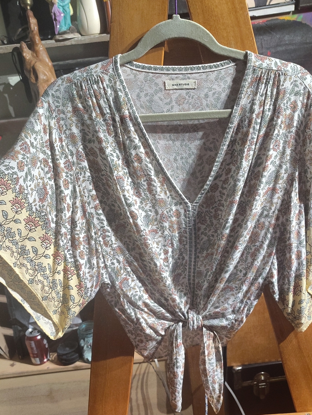 Max Studio Cream Floral Tie-Front V-Neck Top with Brown and Green Accents